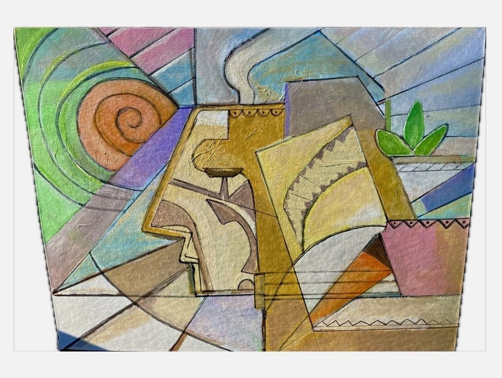 Vintage Mid-Century Cubist Abstract Painting Geometric Stylized Profile 30”