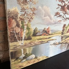 Vintage Original Landscape Painting on Canvas Artist Signed Barn River Trees