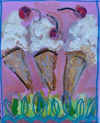Three icecream cones cherries 8×10 orignal art canvas board acrylic