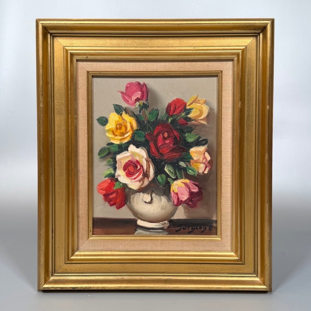 Vintage French Oil Painting, Bouquet of Flowers in a Vase, Roses, Signed