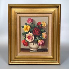 Vintage French Oil Painting, Bouquet of Flowers in a Vase, Roses, Signed