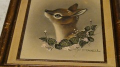Vintage Fawn Painting Bronze Bamboo Framed Signed Powell 8 x 10