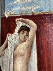 1920 Lady Nude Girl Bath Antique Art Nouveau Impression Oil Painting Gold Flower