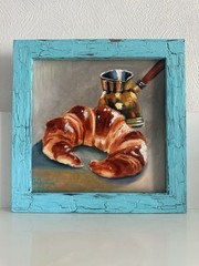Oil Painting Still Life Art For Kitchen Gift Croissant Coffee 20x20cm Wall Art