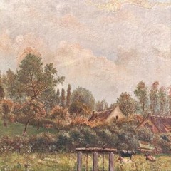 Signed Antique Oil on Canvas Painting- Farm with Stream & Cows. Dated 1918