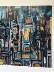 MID CENTURY ABSTRACT PAINTING EXPRESSIONISM CUBISM MODERNISM HAL AKINS SIGNED