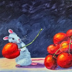 Mouse & Cherries Oil Painting 20x20cm Cute Animals Original Painting on Canvas