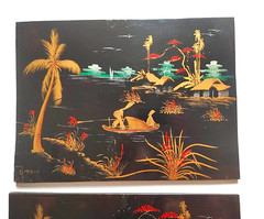 2 VTG Black Lacquer Gold Japanese Painting Wood Wall Art Plaque Signed