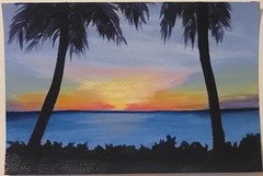 Original Abstract Landscape Sunset Behind Palm Trees 6×4″ Painting Nature