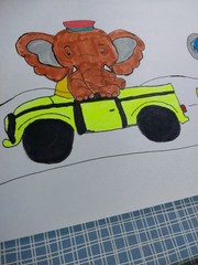 GAT Whimsical Painting Elephant In Car Safari Jungle Whimsical Animals 8.5 X 11