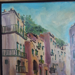 Original Painting Artist Signed Mediterranean Seaside Town 11 x 12.5″