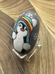 Whimsical Penguin Wearing Snow Hat, Hand Painted Rock, Winter Decor