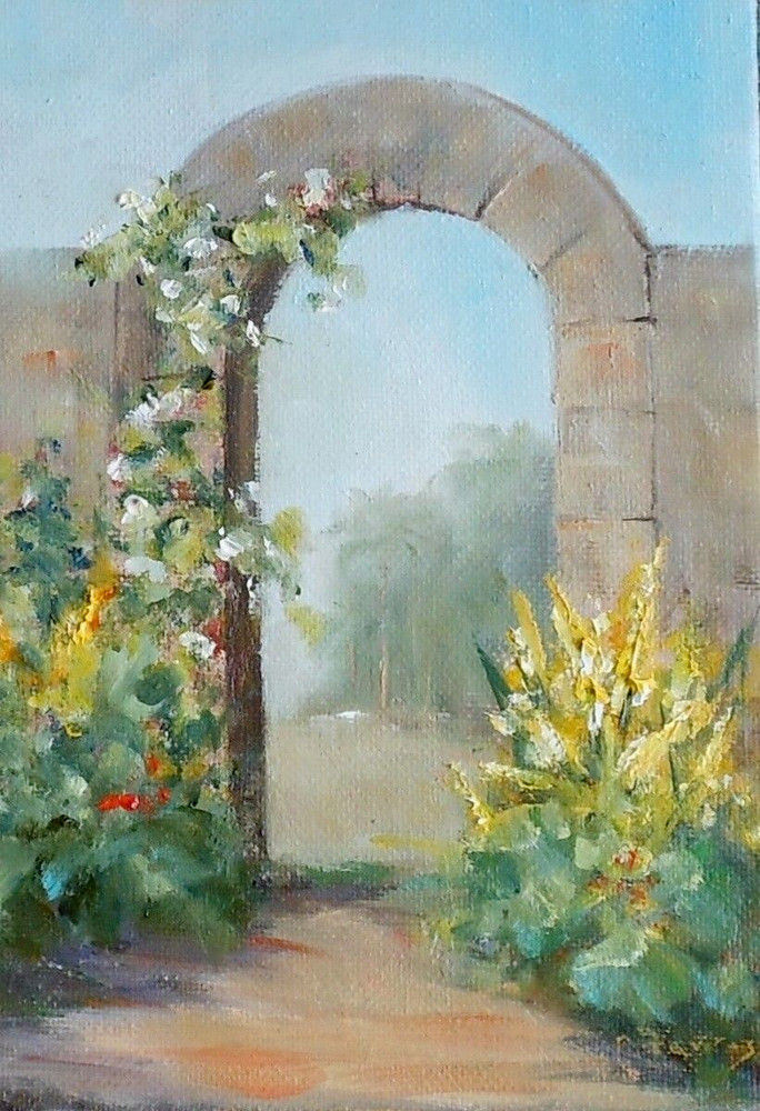 Spanish Garden Gate 5×7 original oil painting by Maine Artist, Celene Farris