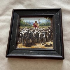 Jesus the Good Shepherd Original Oil Painting in Vintage Solid Wood Frame, Small