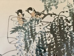 Gorgeous Asian Chinese Japanese Painting 2 Birds MCM Signed Gold Fran 22inx24in