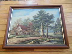 Vintage 18″ x 14″ Oil Painting R. Kraus Artist Cottage River Woods Scene