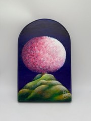 Sharon Davie Barrett Acrylic Painting of Tree on Wood Titled Pink Powder Puff