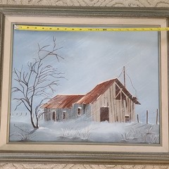Winter Scene Country Barn Tree Snow Framed Painting 25×21 in Signed Jenny May