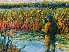 Original Oil Painting Fisherman in Marsh Wetland Landscape 12×16 Andy Semberecki