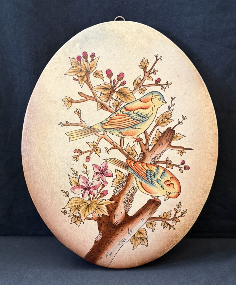Rare Original Vintage Birds in Tree-Painting on Leather-Oval Wall Hanging Decor
