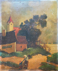 Oil Painting Sign F.Lackemann ? Village Square With Church & Houses Woman Child