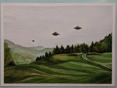 Original UFO Watercolor Painting 5×7, Sci-Fi Landscape Art, Flying Saucer