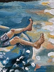 Original 4×6 Sunset Lake Painting Nostalgic Impressionist Art Signed Girl Tubing
