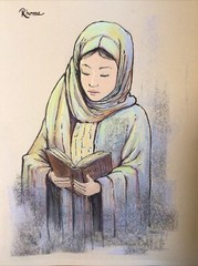 Original Pastel And Ink Sketch, 9×12 Inches, Muslim Woman Reading A Book