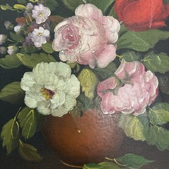 Vintage R. Rosini Oil Painting Floral 11”x16” with carved wooden frame 21.5”x18”