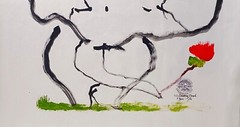Elephant Drawing Art Bow Rose Home Wall Decor Acrylic Paint on Paper No.#009