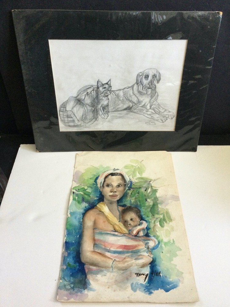 Nancy Allen c1969 Orig. Cat Dog Drawing & Mother Child Watercolor – Maine