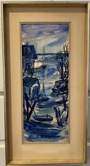 Rubi Roth Coastal Harbor Watercolor Framed Nautical Art 26×13.5 Vintage