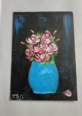 ACEO Original Painting Art Card Acrylic Pink Roses Flower Vase by Jayne