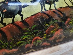 Vtg Vietnamese Lacquer Painting Gold Leaf Water Buffalo Sun Art Plaque 8.5″ x 4″