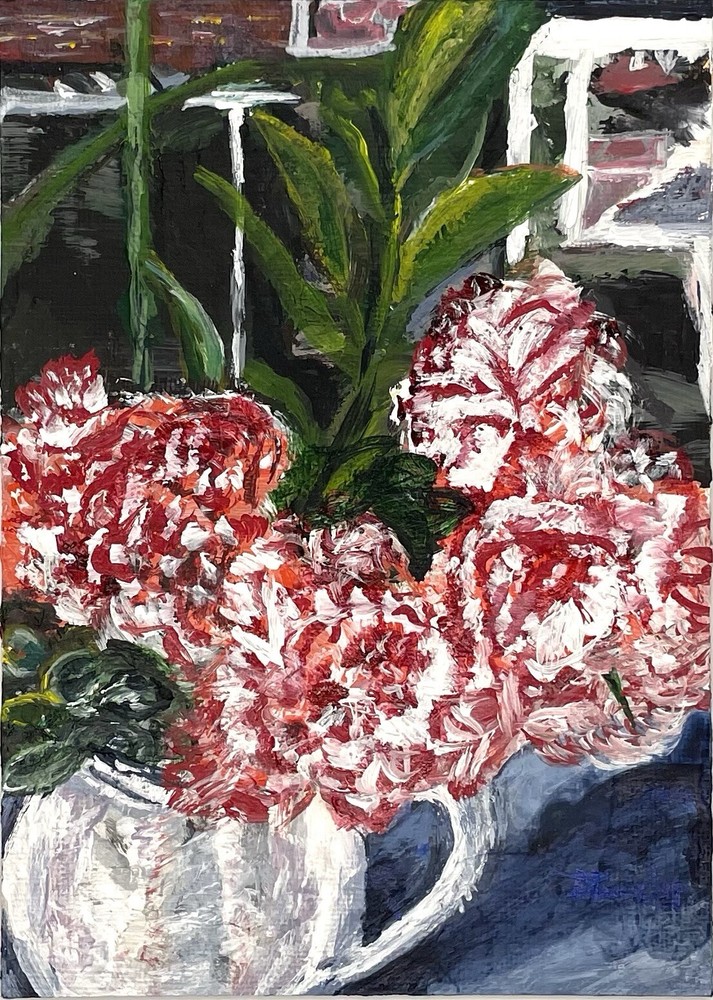 Original 5×7 Acrylic Painting Cottagecore Floral Still Life Flowers in Pitcher