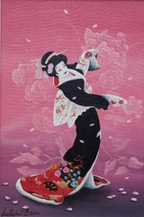 Dancing Japanese girl in a bright outfit among the petals of pink sakura Oil Art