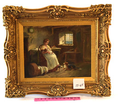 Finely Framed Signed Realistic Oil Painting by Alexander Austen Mother Child Dog