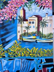 Nice Tropical Art Oil Painting Colorful Landscape Flowers Palm Trees Boats Home