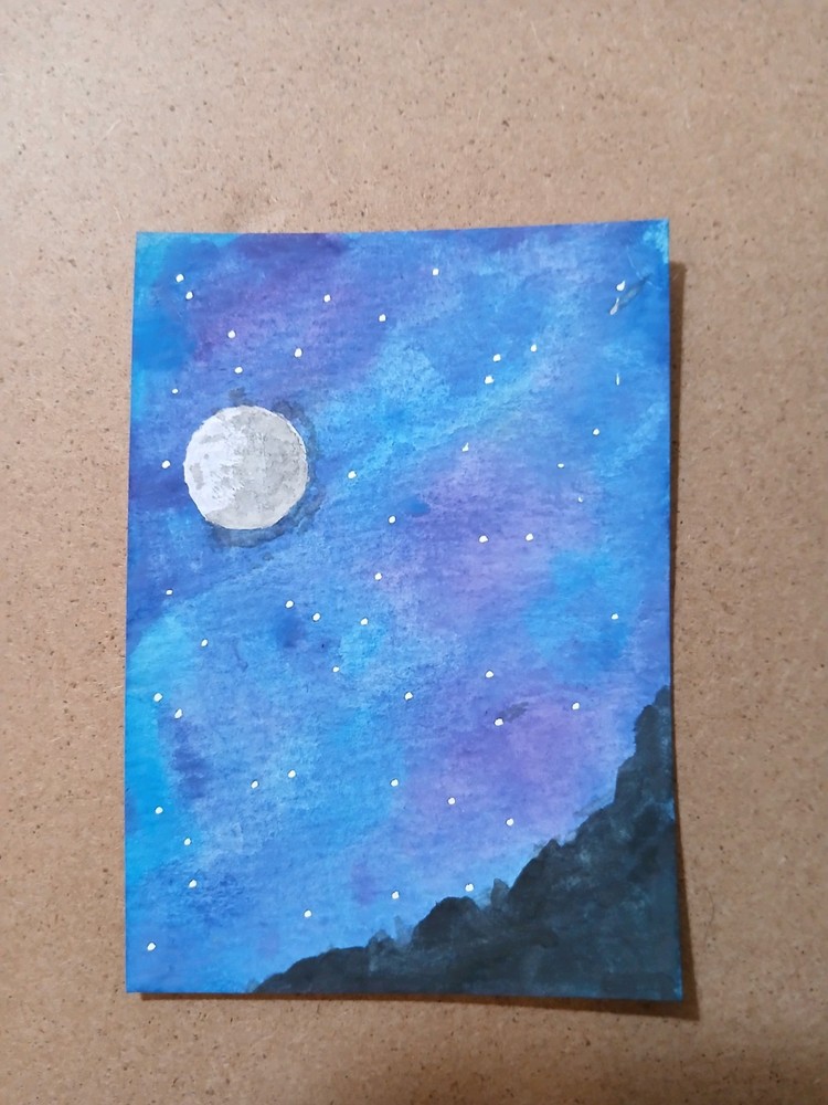 Original Aceo Night Moon Watercolor Painting Art Card Signed by Artist