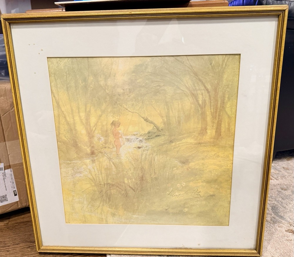 1940s Henry E. Porter Woodland Watercolor – Nude Figure by Stream 22×22 Framed