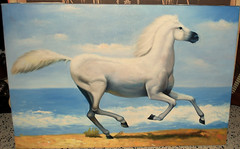 HORSE RUNNING ALONG OCEAN Original Art ACRYLIC PAINTING/CANVAS Signed 36″ x 24″