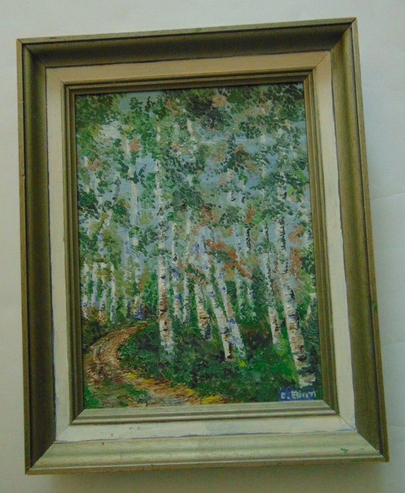 Framed Original Oil Painting birch trees artist signed 12X15 inch