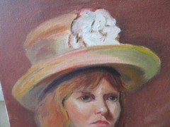 Vintage PORTRAIT OIL PAINTING GORGEOUS Woman Lady Wearing HAT with Flower