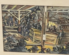 Wpa Style 1940S Original Watercolor Painting Livestock Auction By A. Campbell