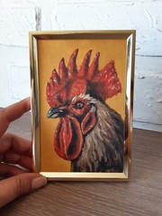 Rooster Original Oil Painting Farm Animal Portrait Framed 6 x 4 in Animal Art