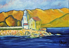Original Oil Painting Church by the Sea Expressionism Seascape Croatia 2010