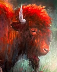 Original Oil Painting BUFFALO BULL FIRE Native WESTERN WOMAN Chickadee SUN GLOW