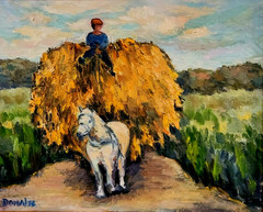 Oil Painting Farm Hay Horse Boy Landscape Pastoral ORIGINAL OOAK by Donalee