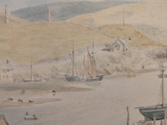 Watercolor Painting – Fishing Harbor Scene – 19th century New England School
