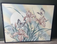 Signed Letterman Large Mid-Century Modern Painting Butterfly Flowers Sun